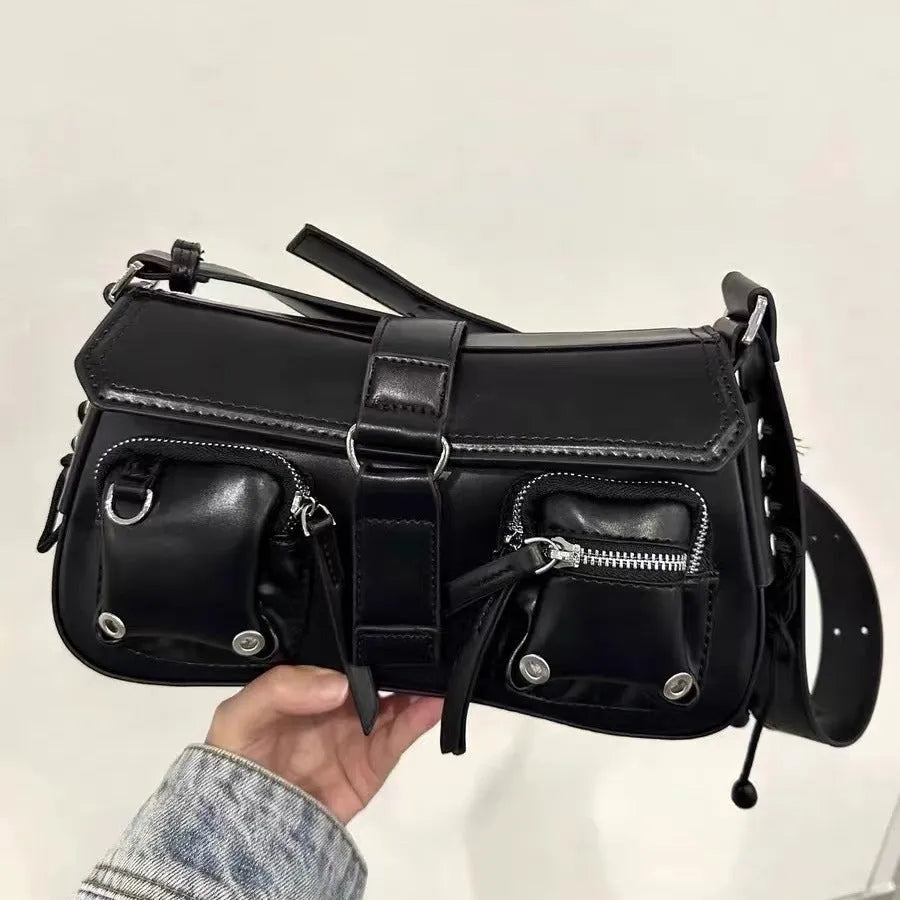 Black baguette-style women's messenger bag with a single crossbody strap