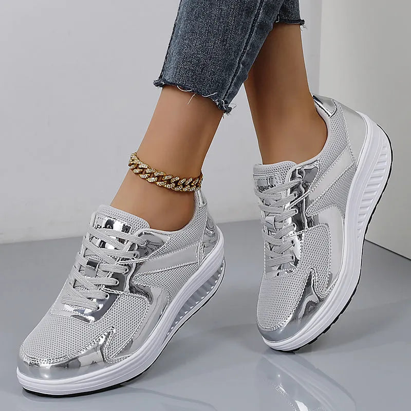 Women's mesh platform shoes in gold colour with cross strap detailing and waterproof mid-heel