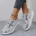 Women's mesh platform shoes in gold colour with cross strap detailing and waterproof mid-heel