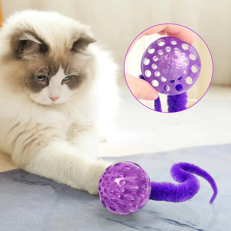 Interactive bouncy ball cat toy with elastic tail in TPR and plush materials