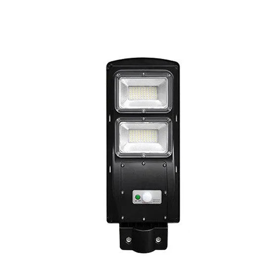Integrated solar street light with aluminium housing and solar panel, showing remote control and outdoor installation