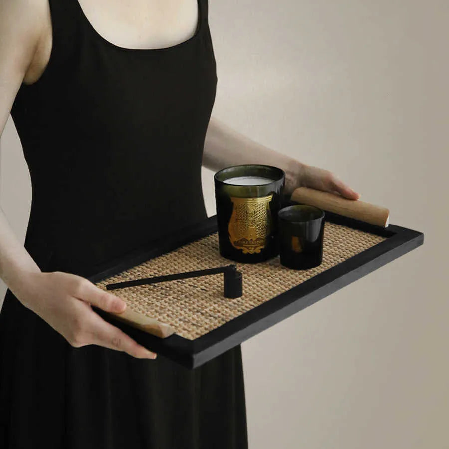 Pine wood serving tray with compartments shown in small and large size options.