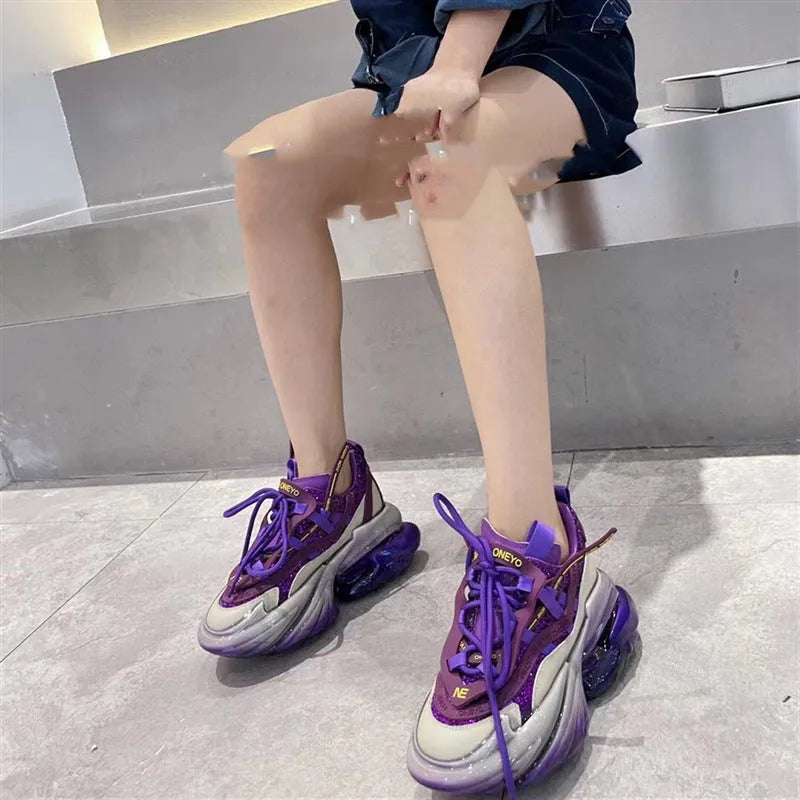 Women's leather sports shoes with cross-tie detail and thick jelly soles in multiple colours