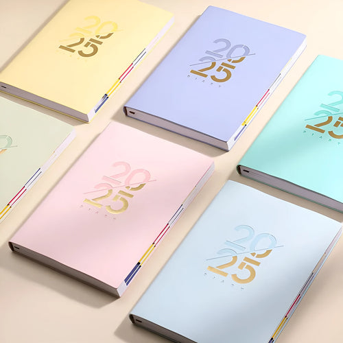A5 daily schedule book with soft faux leather cover, open to show thread-bound 150 pages.