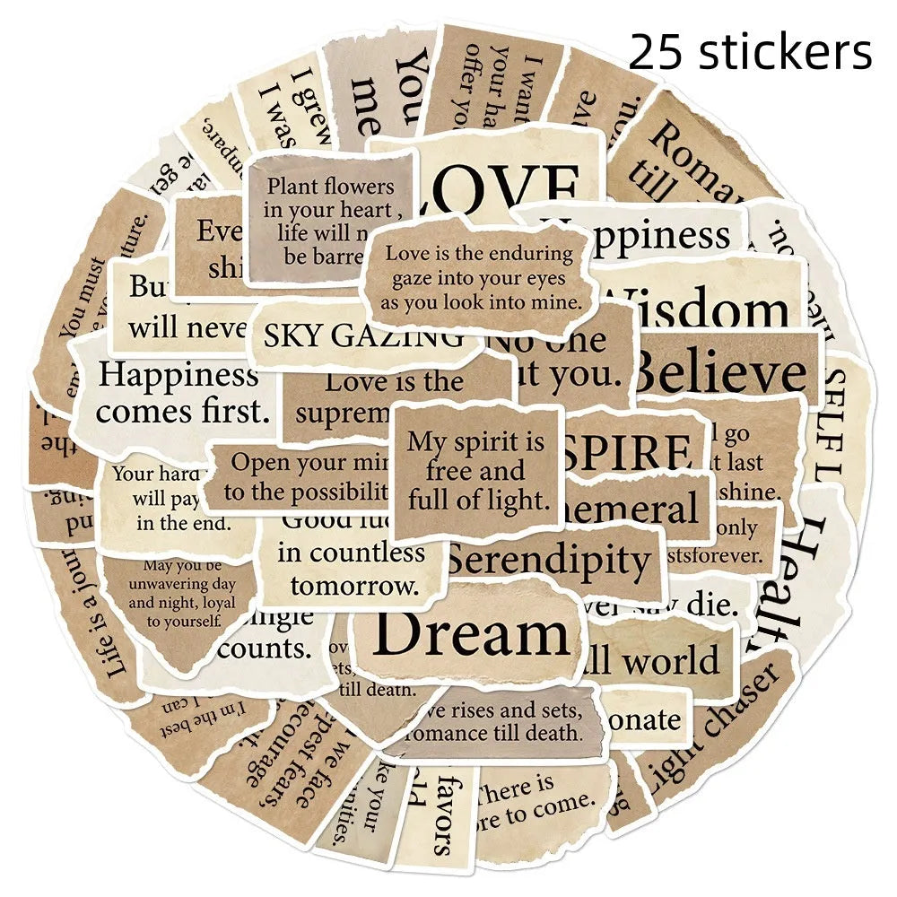 Set of 25 torn paper style English text decorative PVC stickers for laptops and notebooks.