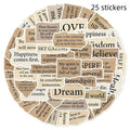Set of 25 torn paper style English text decorative PVC stickers for laptops and notebooks.