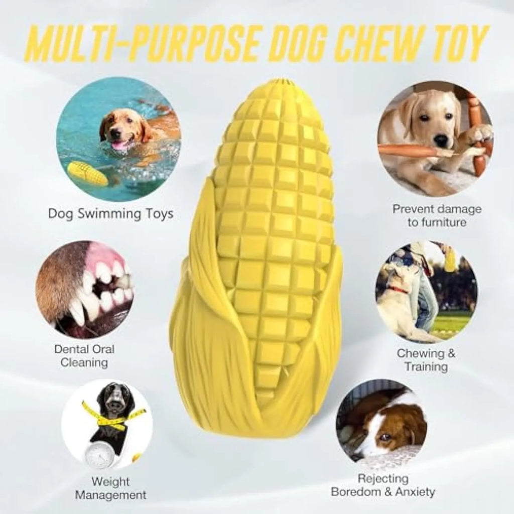 Blue and yellow corn stick shaped dog chew toy with textured surface for teeth cleaning
