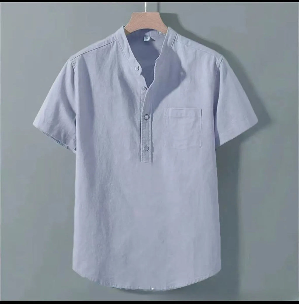 Men's casual linen shirt with stand collar and short sleeves in slub cotton fabric