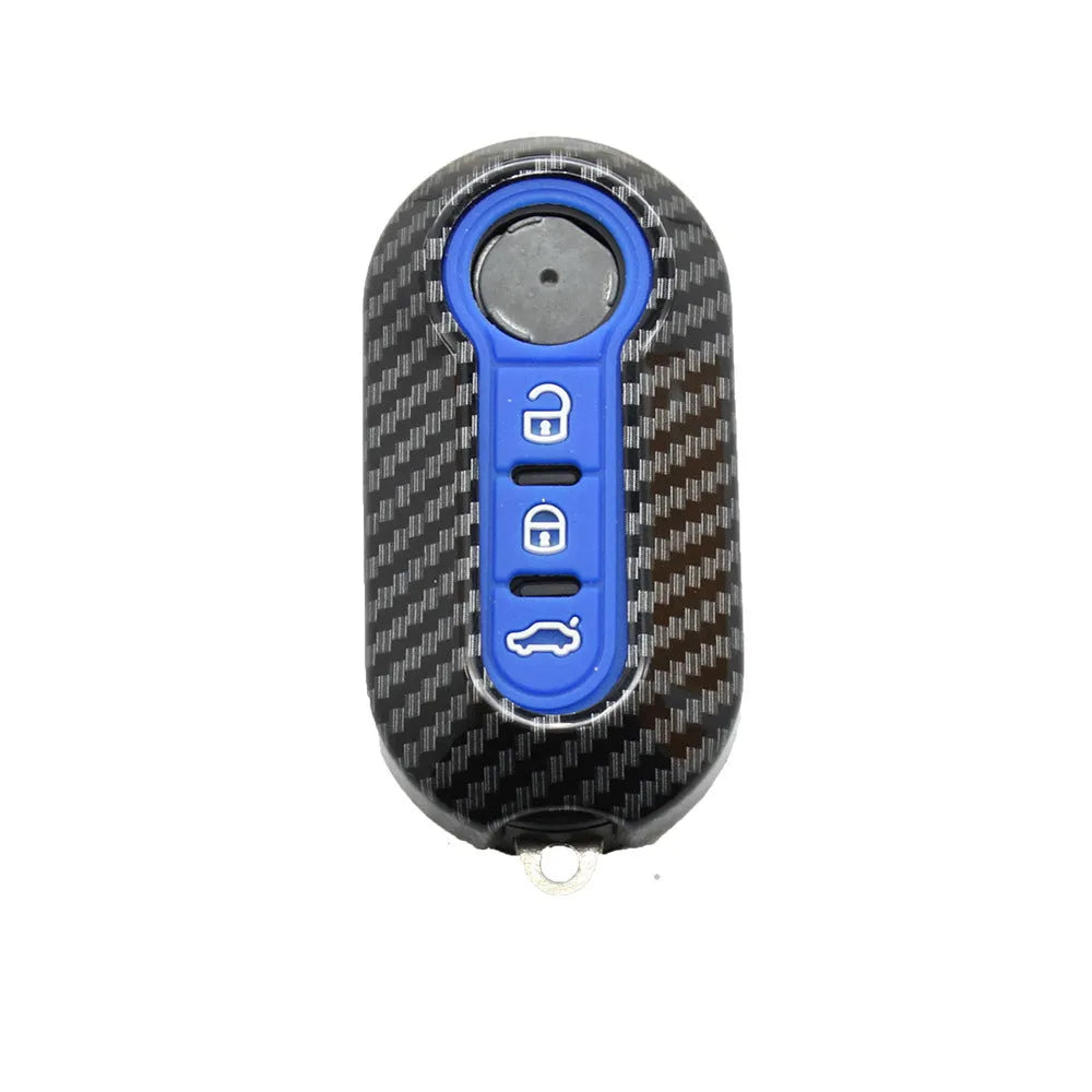Fiat 500 Boyue ABS plastic remote key shell in black, red, and dark blue with carbon fibre style pattern.