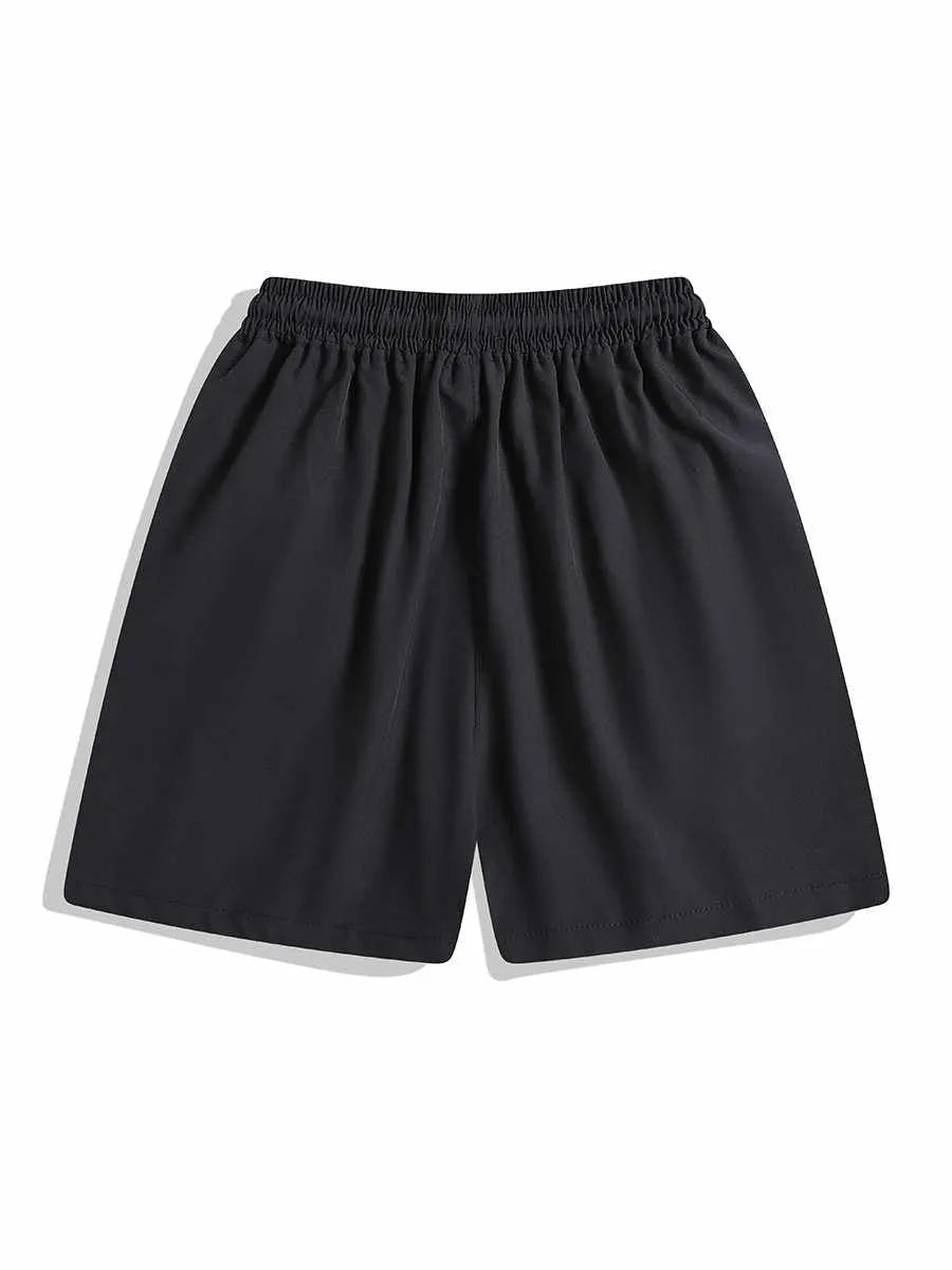 Men's black loose fit sports shorts with elastic waistband and contrast trim, shown on a hanger.