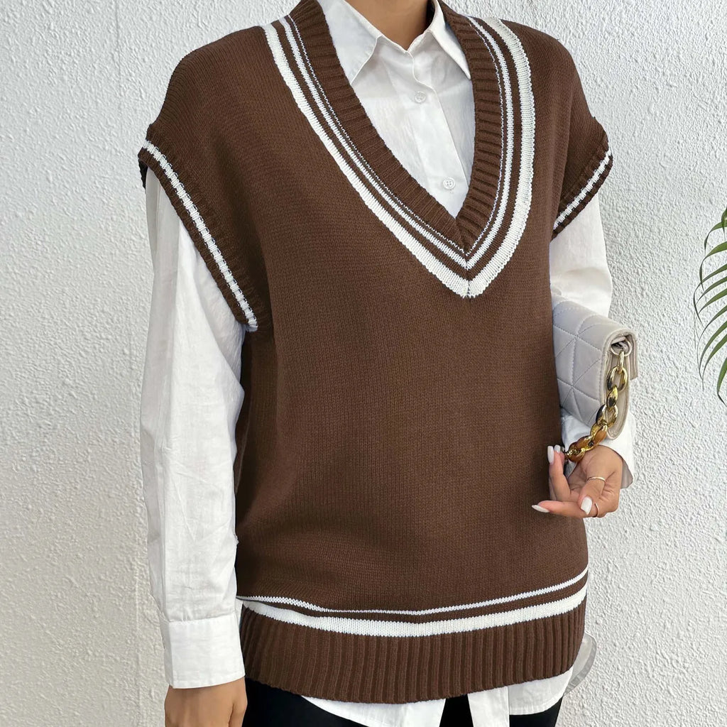 Women's casual loose-fit acrylic blend vest sweater in black, blue, or coffee colour.
