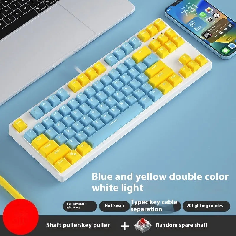 87 key wired mechanical keyboard with hot-swappable switches showing dual-colour keycap theme on metal body