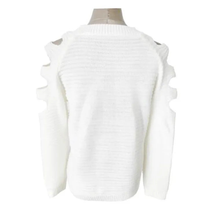 Women's grey hollow out knitted pullover top with round neck and long sleeves laid flat.
