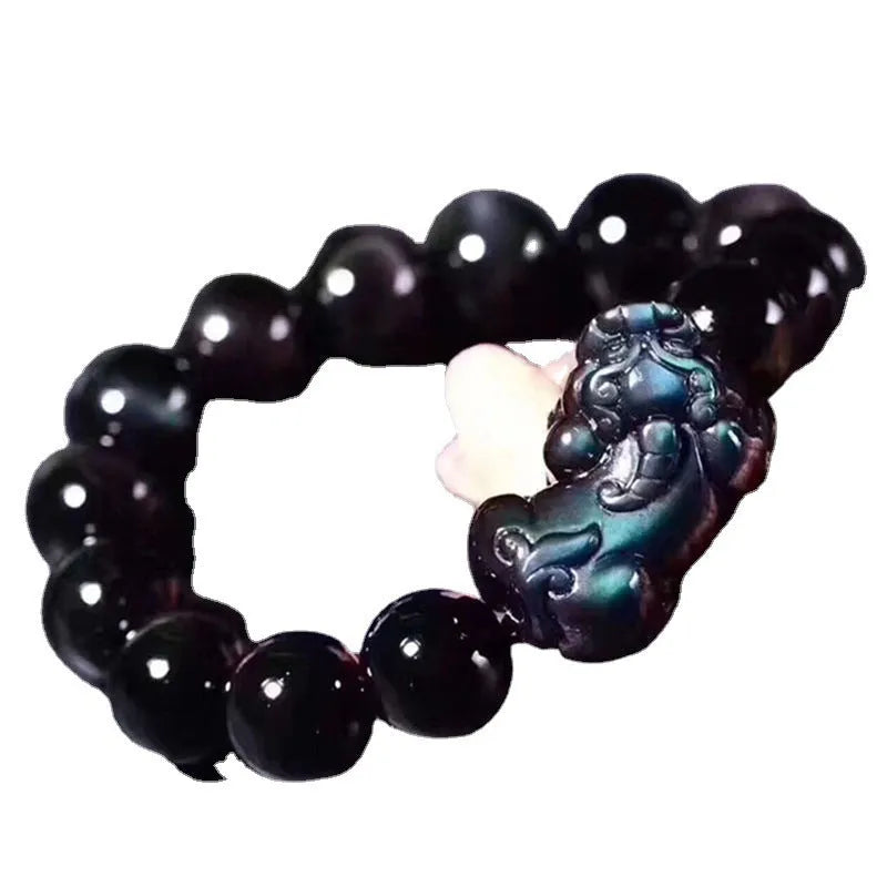 Natural ice colour Eye Obsidian crystal bracelet with elastic band, showing different bead size options.