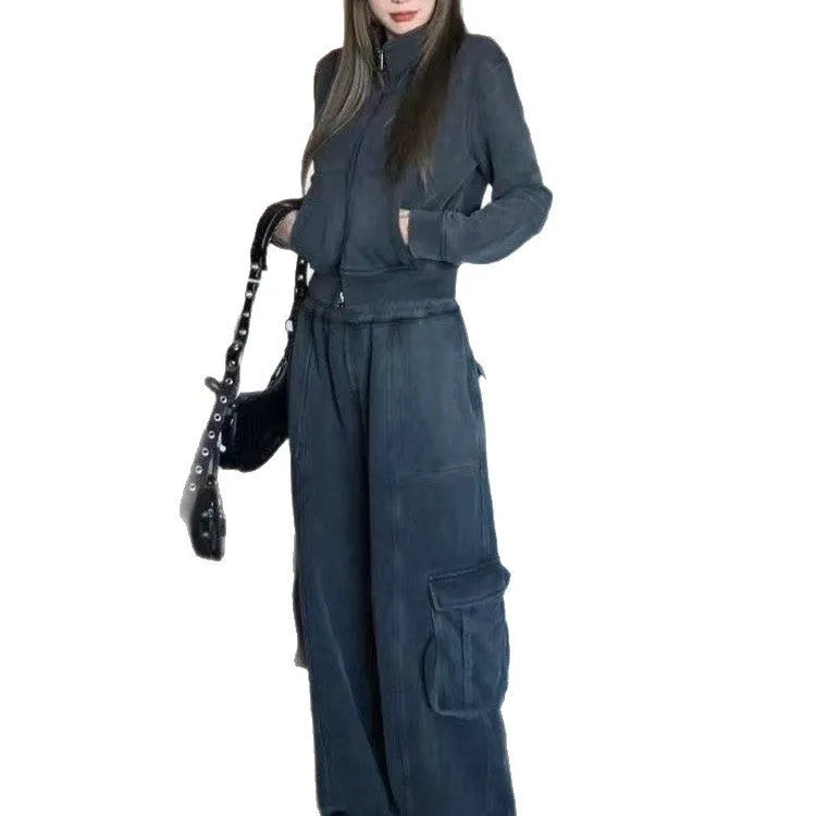 Women's two piece tracksuit set in dark gray or brown, polyester top and trousers with splicing detail