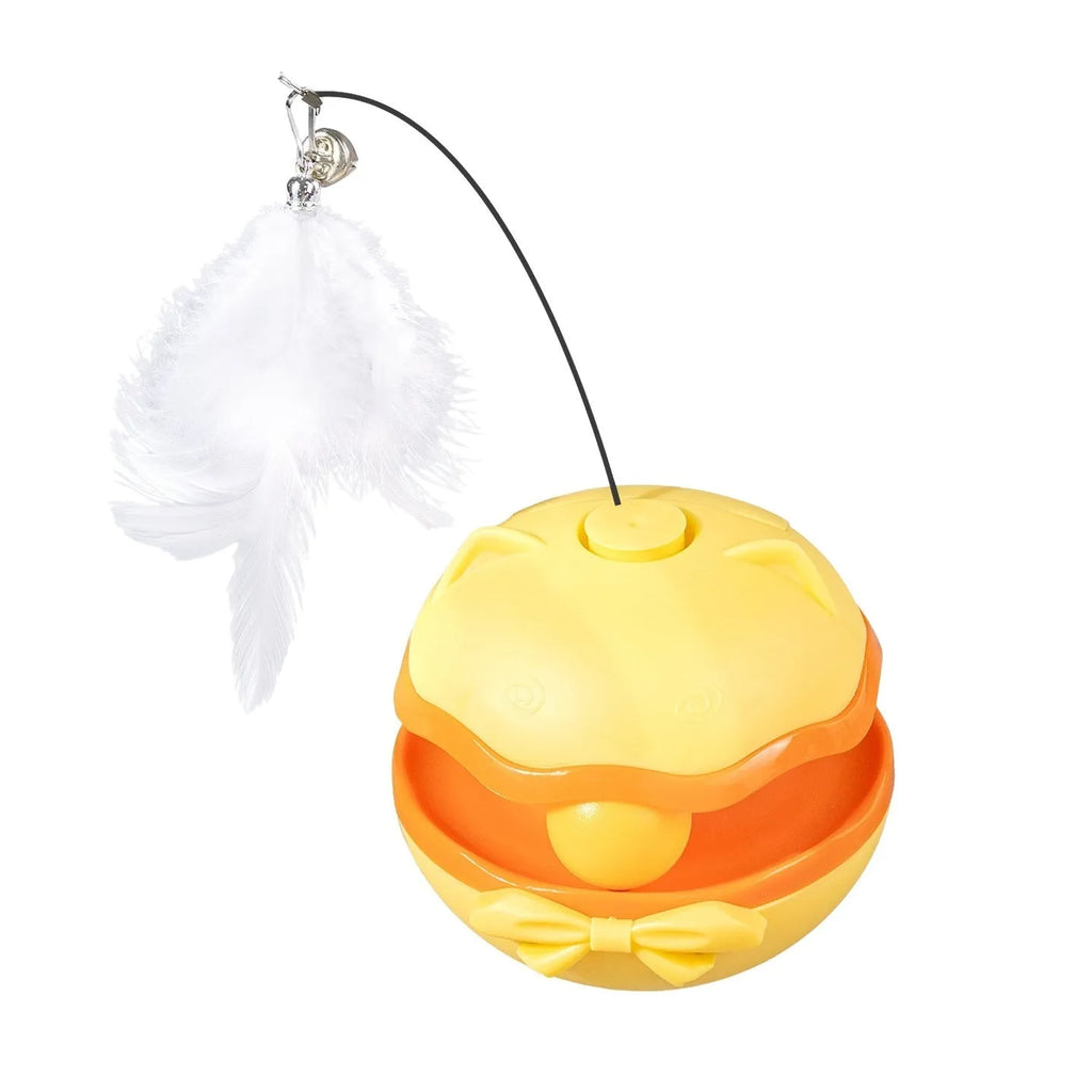 Electric tumbler-style cat teaser stick in lemon yellow, rolling on a floor.