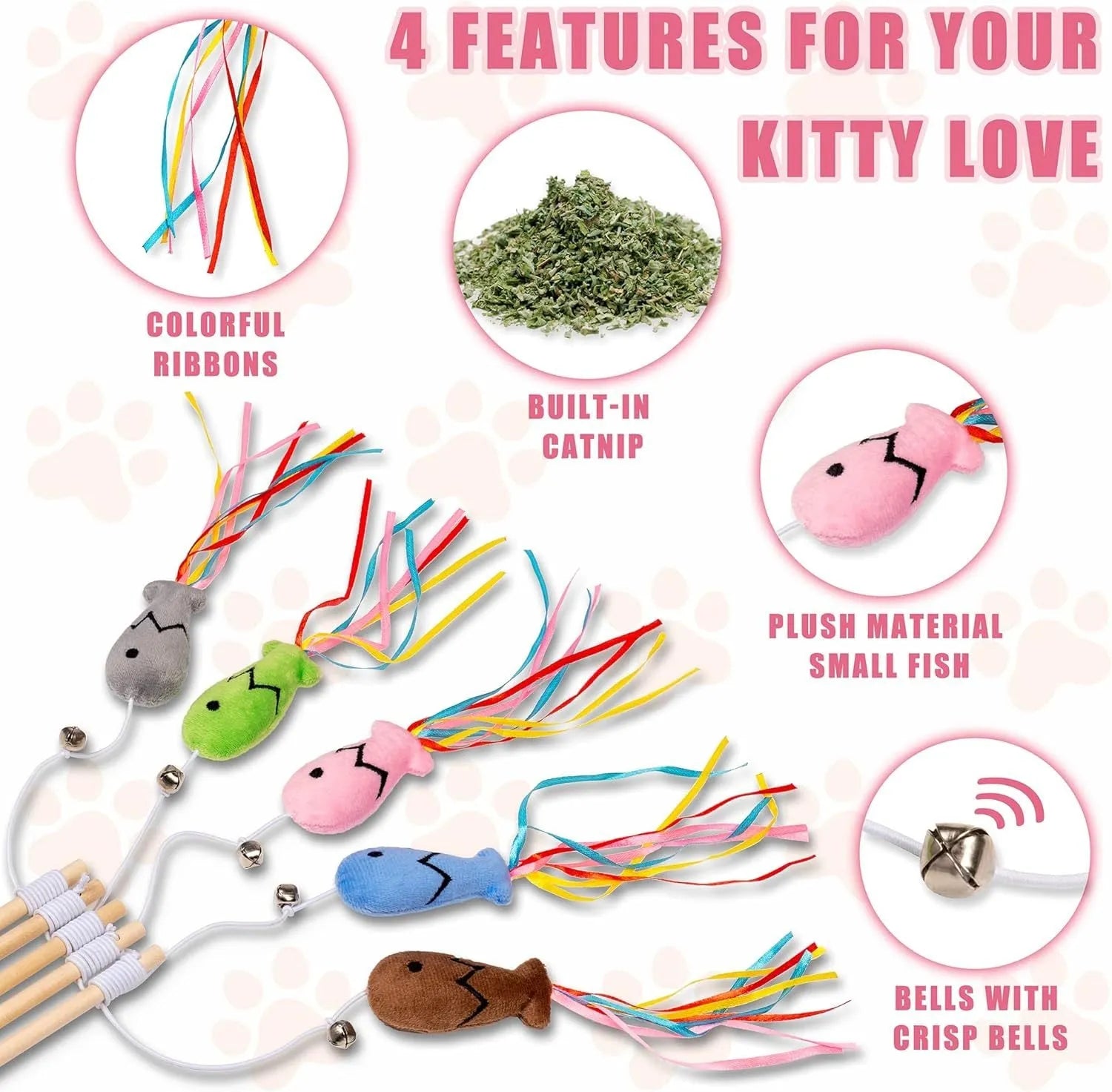 Cat wand toy with wooden handle, colourful ribbons, catnip fish and bell for interactive play