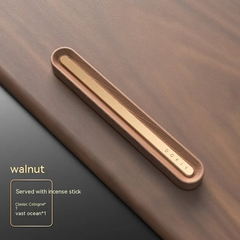Car air vent aromatherapy ornament in long strip design, shown in walnut and metallic grey colour options