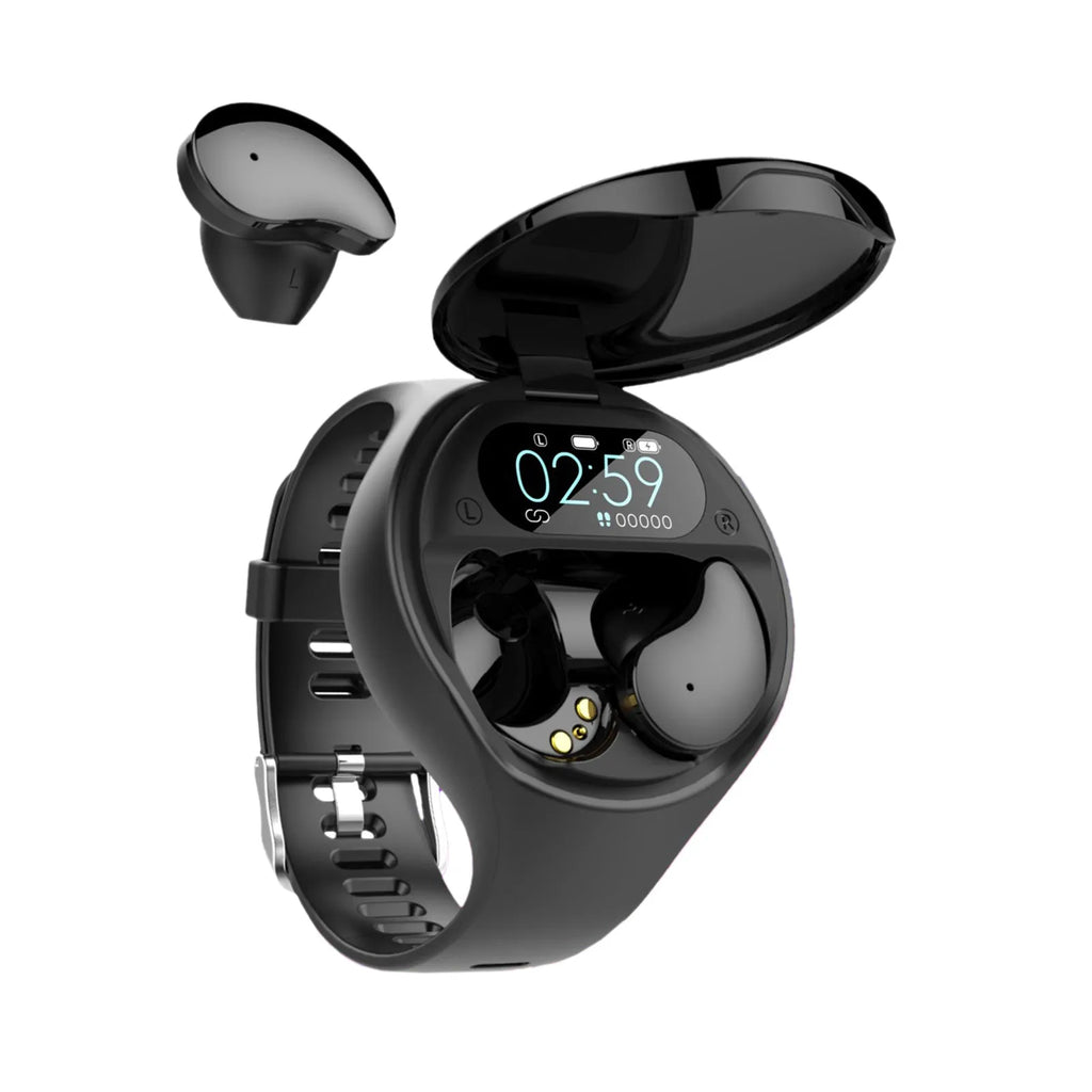 Black detachable smart bracelet and Bluetooth headset combo for fitness tracking and wireless calls.