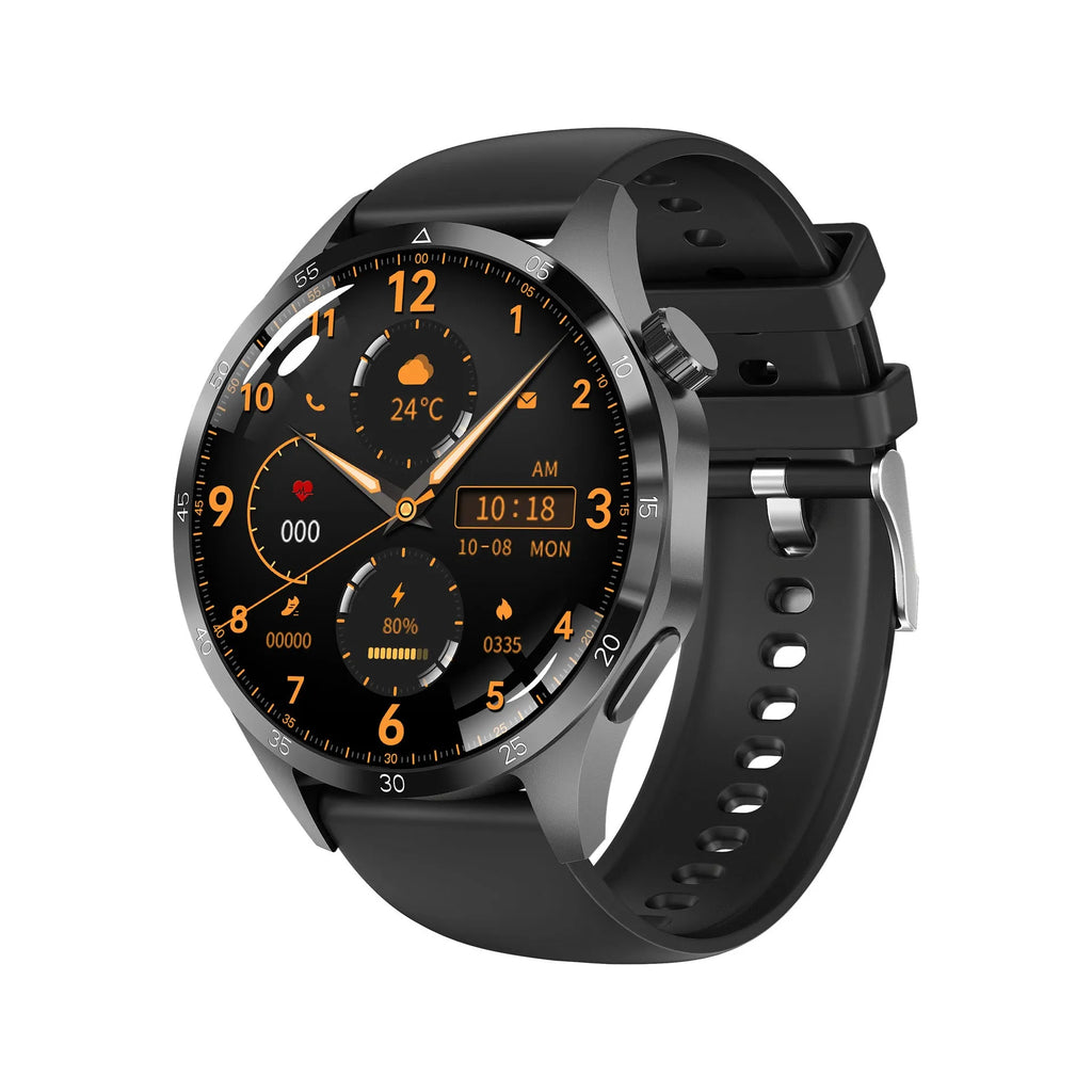 Black smartwatch with Bluetooth calling, sports modes and health monitoring functions on wrist