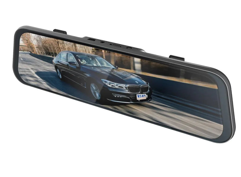 Black rearview mirror dash cam with 10-inch touchscreen display showing road recording