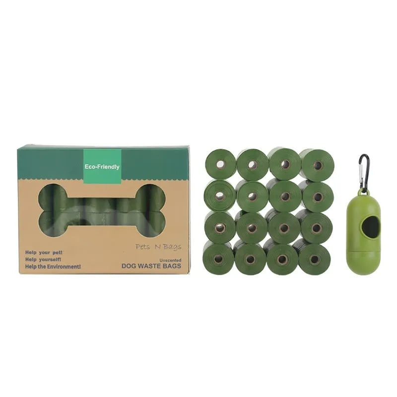 Roll of EPI degradable, thickened pet waste bags in green, shown with a lavender scent or unscented label option.