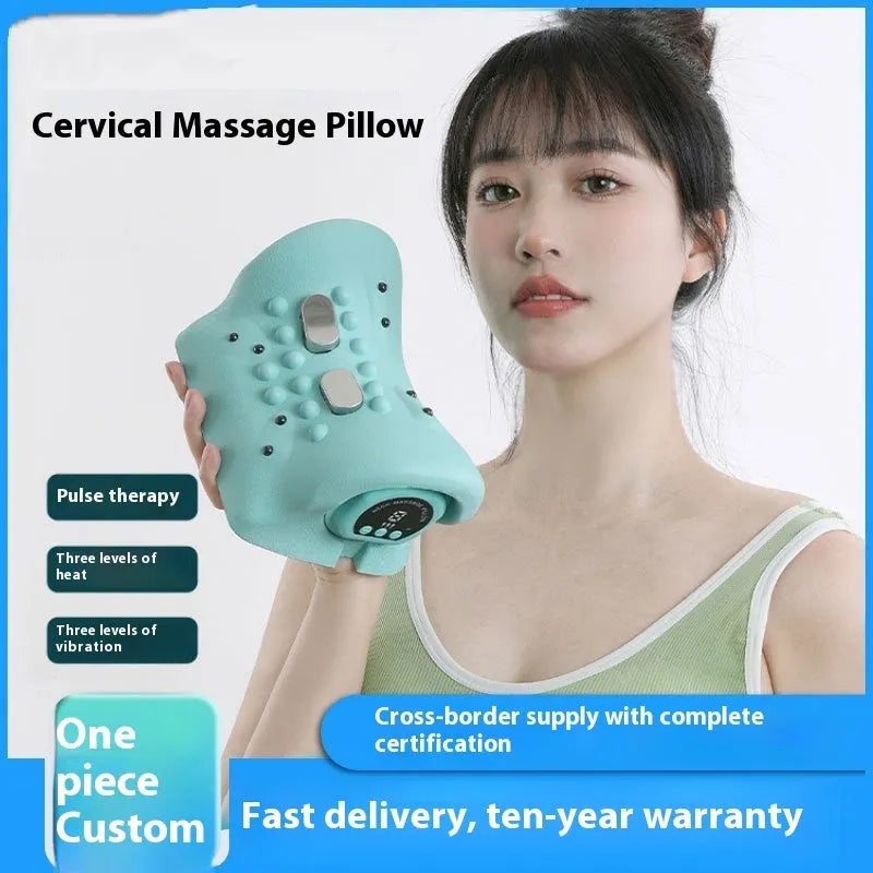 Blue-green portable massage pillow for neck and shoulders with EMS and heat functions