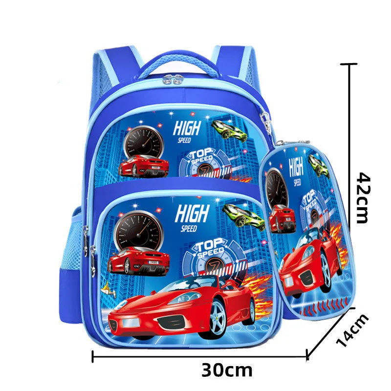 Children's blue cartoon backpack with school books showing internal zipper pocket organisation