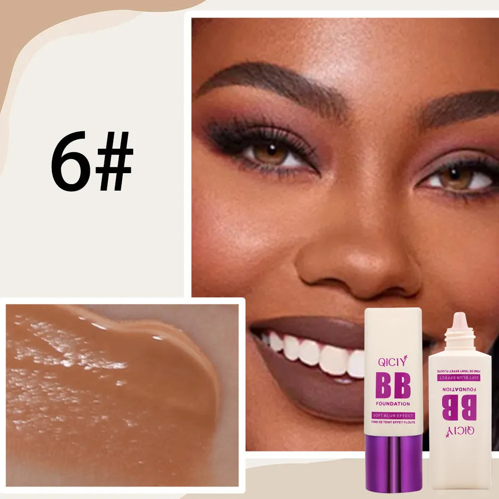 Squeezable plastic bottle of brightening BB cream liquid foundation in one of ten available shades.