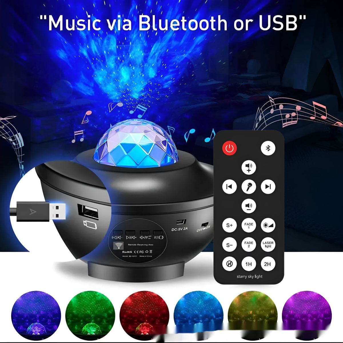 Black parallel-style starry sky projection lamp with rotating celestial patterns and water ripple laser effects