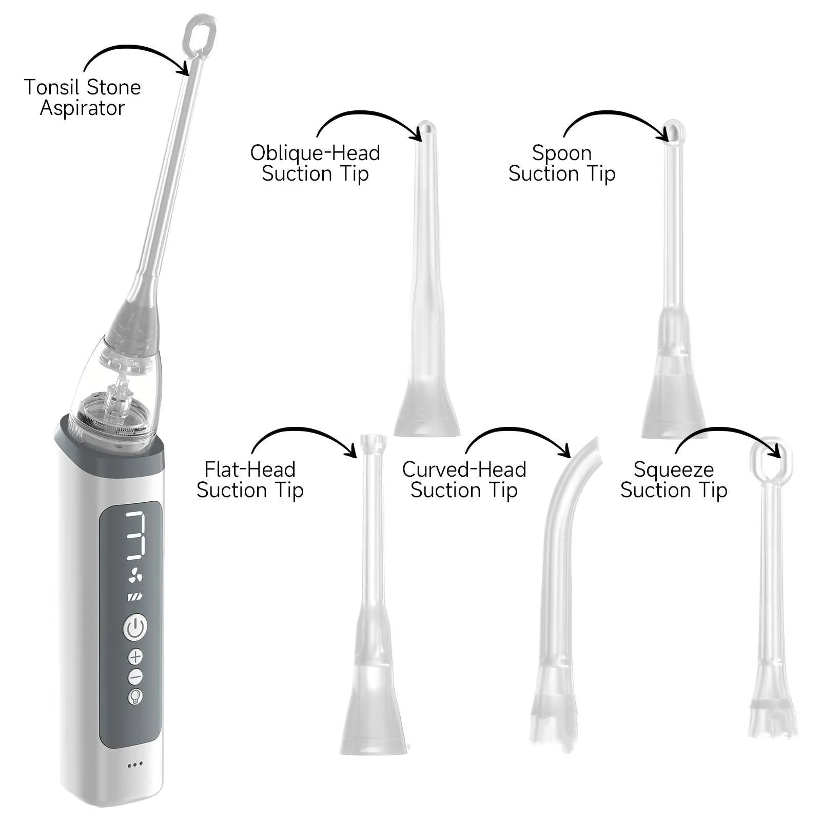 Milky white tonsil stone removal tool kit for oral hygiene, extractor tool on a plain background.