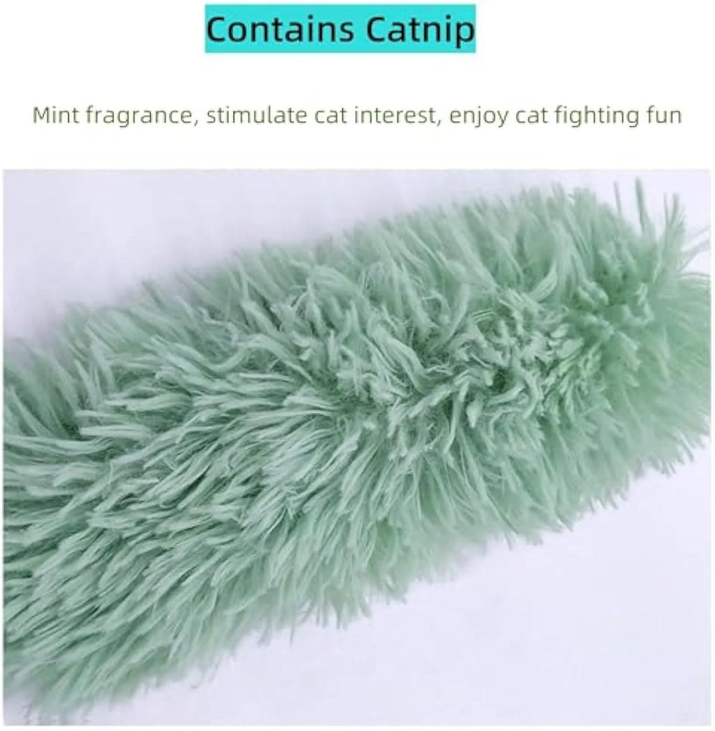Set of four colourful plush cat toys with catnip and crinkle sound for indoor play.