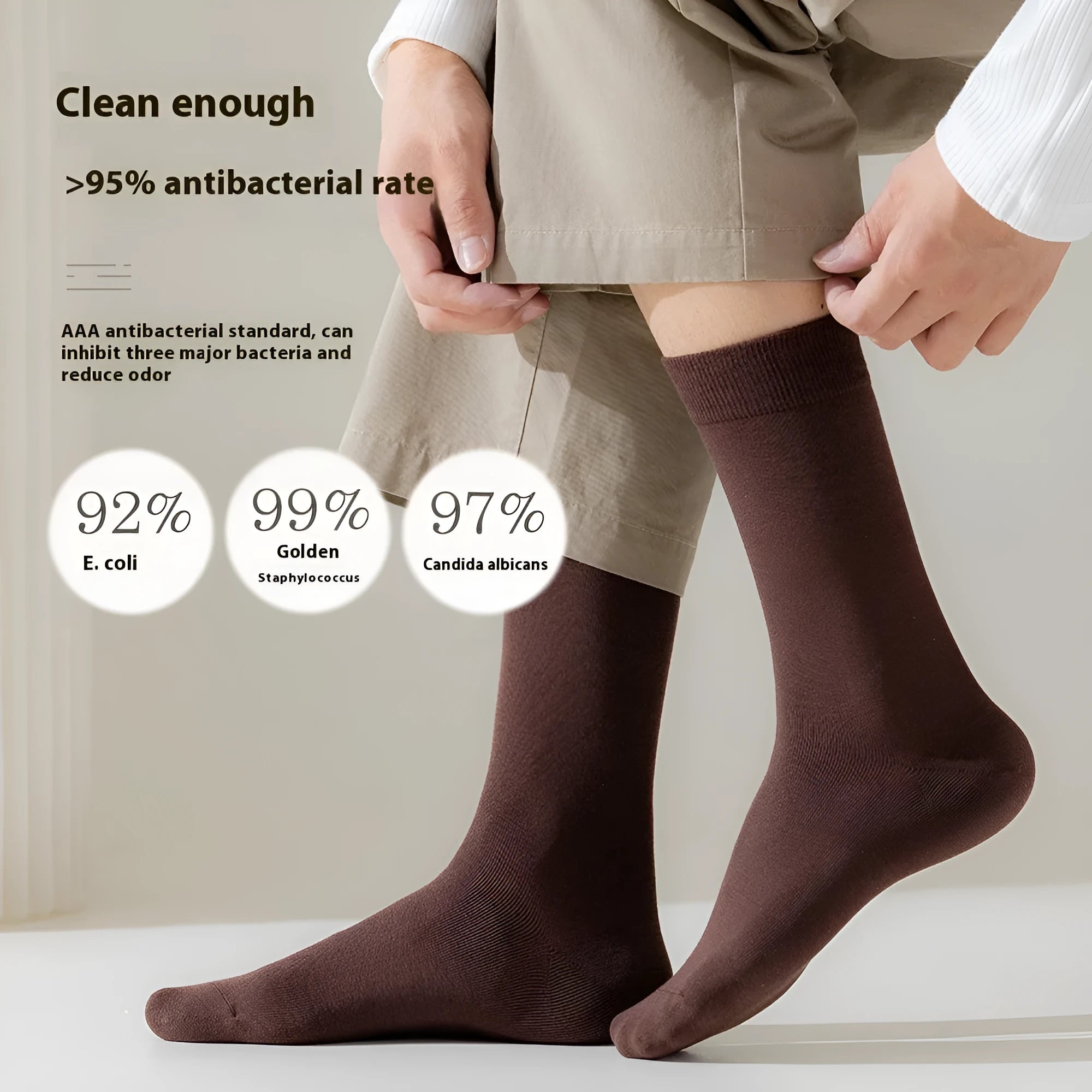 Mid-calf business socks in pure combed cotton showing solid colour options including army green, beige and black