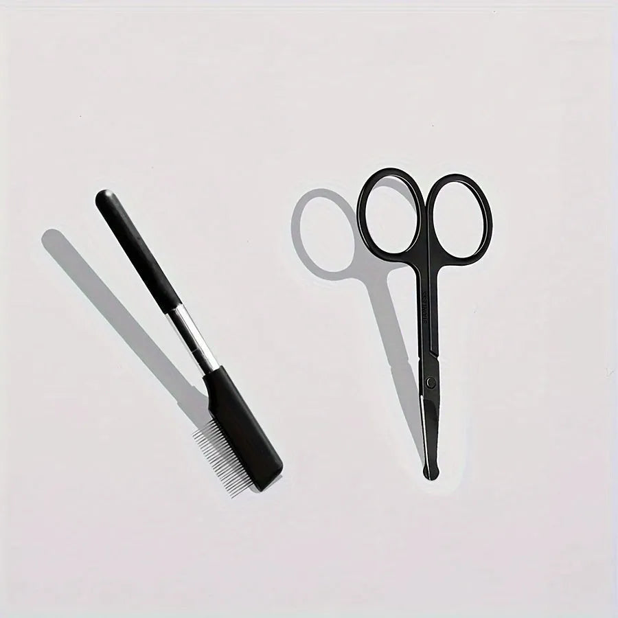 Black dual-head pet grooming brush with soft silicone bristles and a comb for eye cleaning and hair removal.