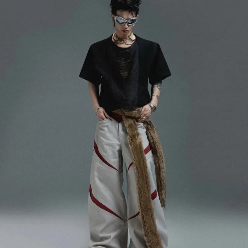 Black men's V-neck loose T-shirt with short sleeves and tassel detail