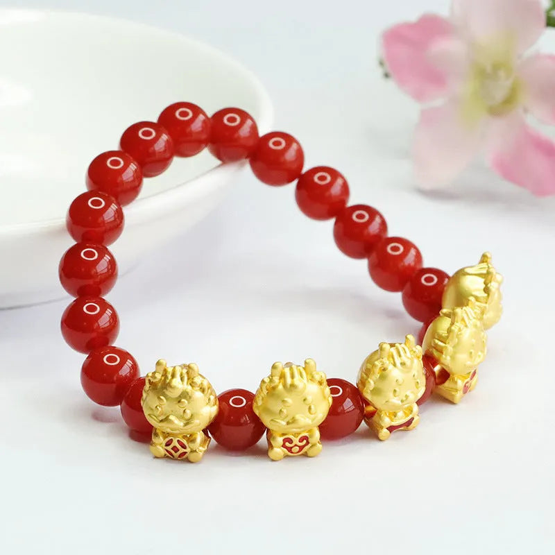 Natural red agate bracelet with Five Blessing Dragon design and 8mm beads.