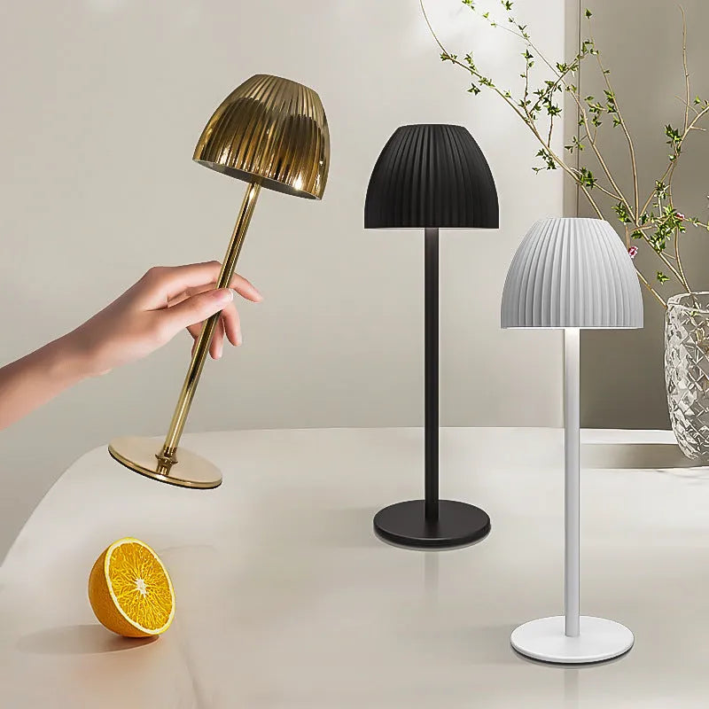 Modern dimmable night lamp with thin round base in black or white, featuring USB charging