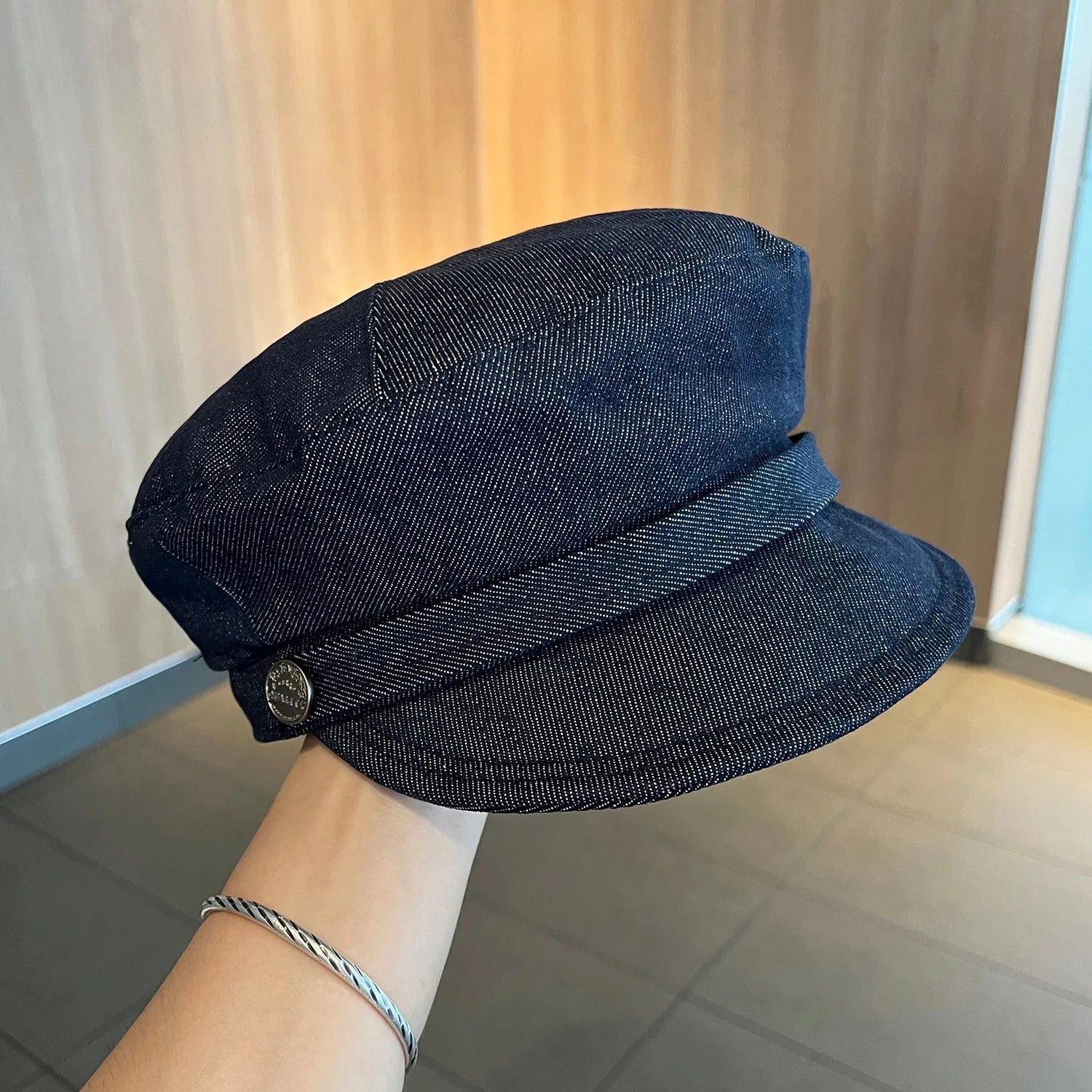 British retro octagonal denim newsboy hat with adjustable size and multiple brim colour options