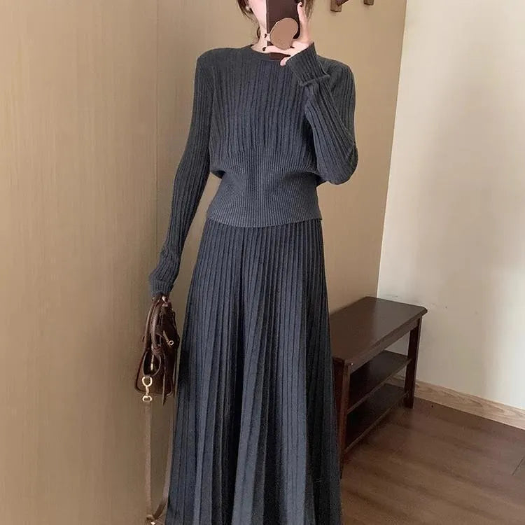 Women's dark grey knitted dress suit set with ethnic collage stitching on sweater and skirt