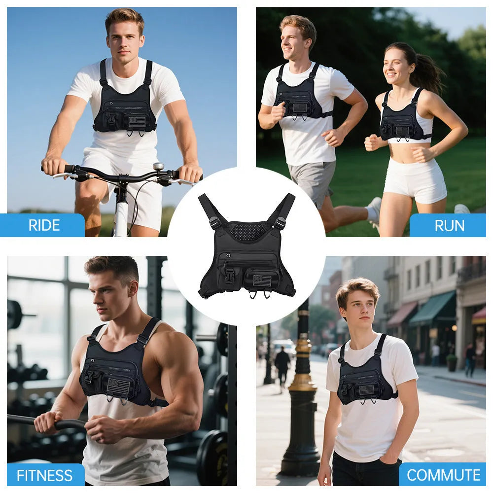 Men's black oxford cloth chest bag designed as a riding vest with visible sewing lines.