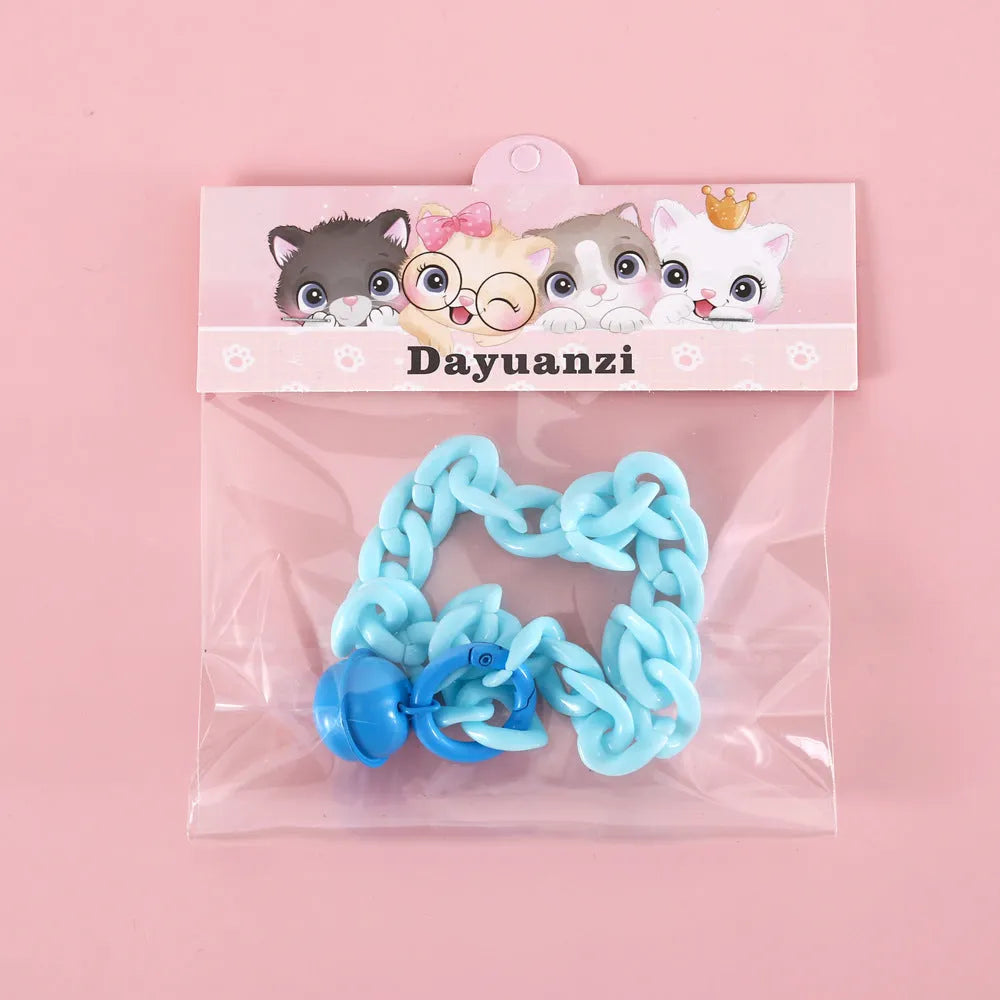 Plastic macaron candy colour chain-style pet collar for cats and dogs in blue, pink, and mixed colours.