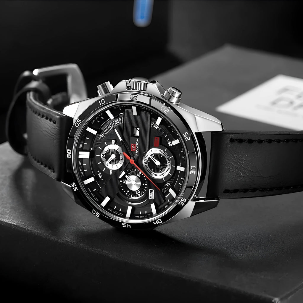 Men's casual quartz watch with business calendar and multiple colour options showing 10mm thickness