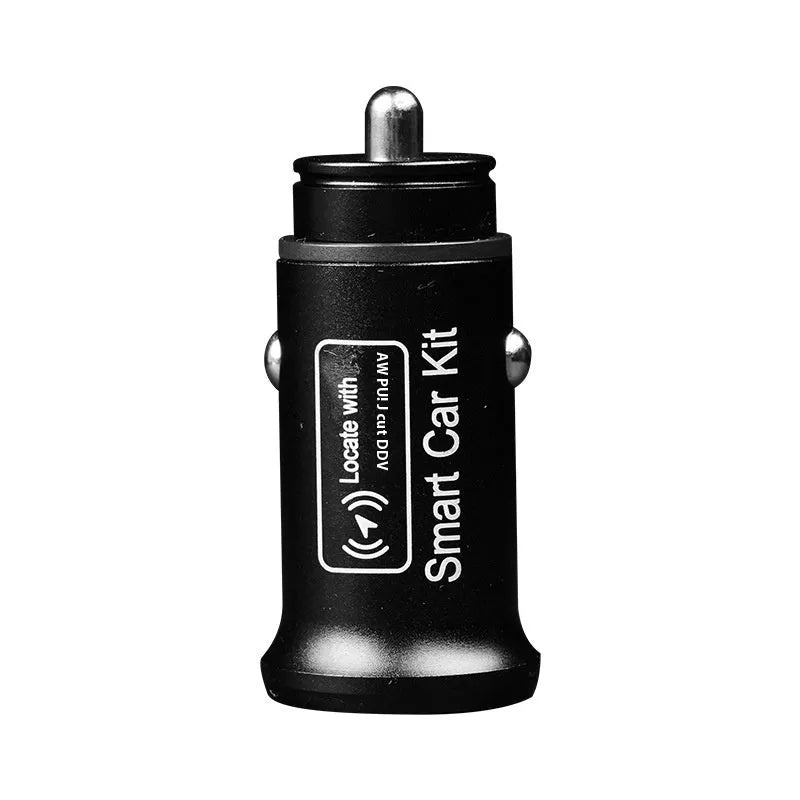 Black car charger GPS locator tracking device for vehicle security on a grey background.