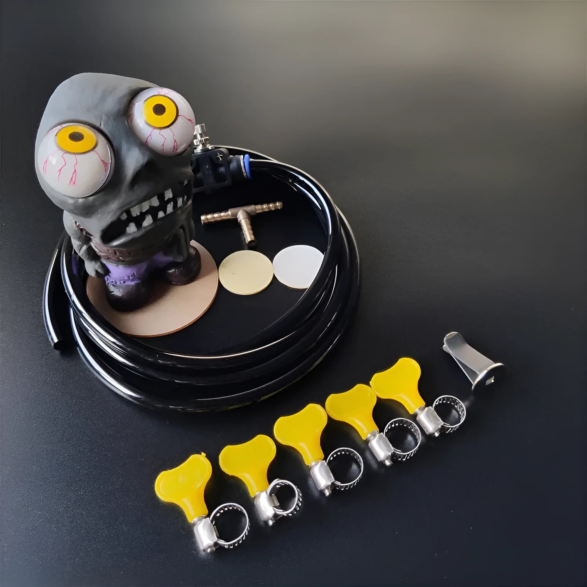 Turbo car decompress ornament kit with eye doll, pressure regulating valve, copper tube, and mounting clips