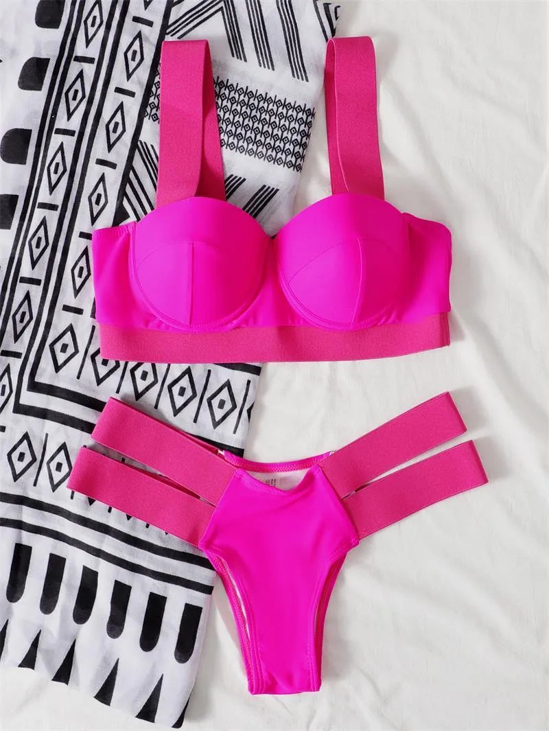 Women's steel bracket push-up bikini with contrasting colour panels in rose red