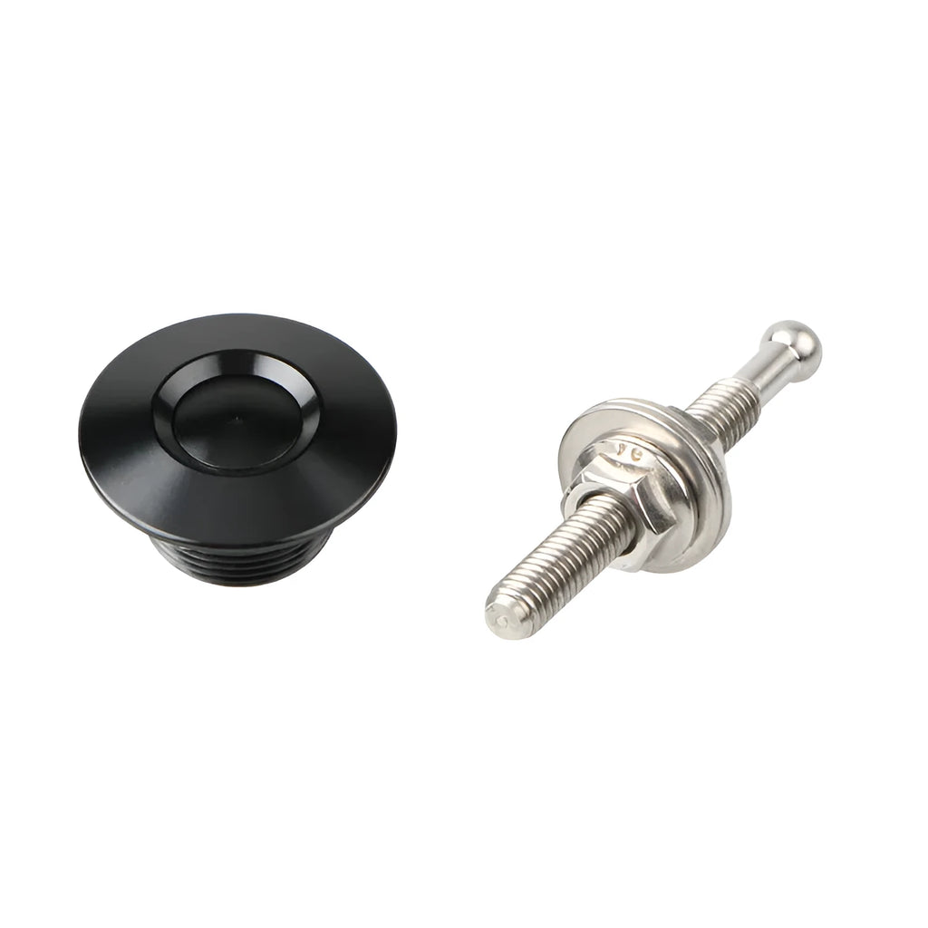 30mm diameter aluminium engine cover lock with steel screw in silver finish on a dark background.