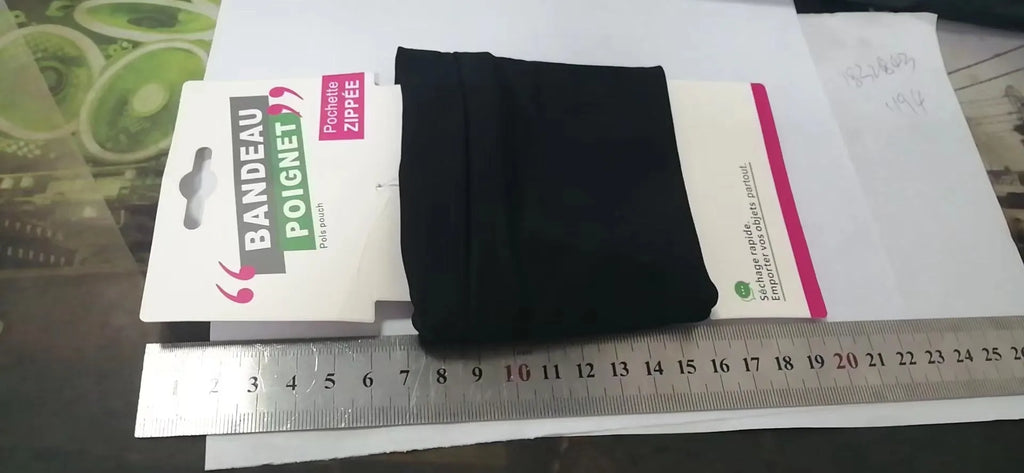 Black wrist bag armband sleeve for mobile phone, shown with dimensions 10cm by 10.5cm.