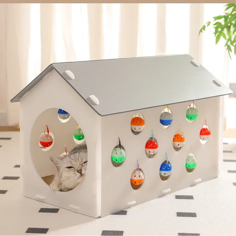 Plastic cat scratch board with integrated tunnel, bell ball toy, and enclosed nest design