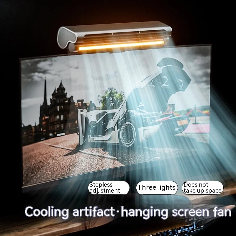 Black USB bladeless clip-on desk fan with LED lighting attached to computer screen