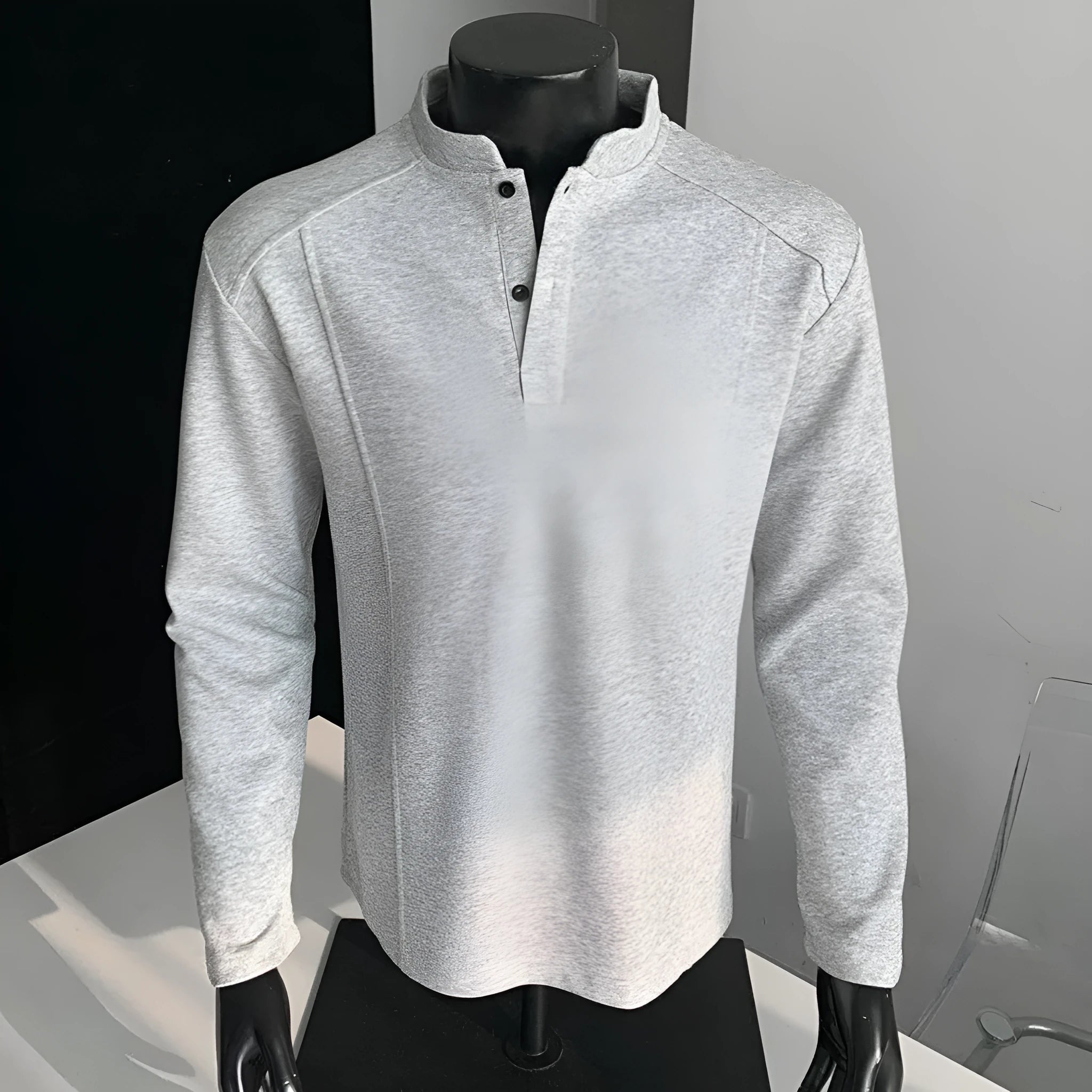 Men's patchwork stand-up collar cotton sweater shirt with asymmetric design in loose fit